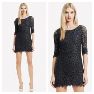 Shoshanna Daphne Floral Lace Mini Dress Scallop Hem Stretch Black Navy Blue 12